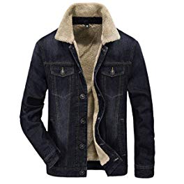 Pishon Men's Denim Jean Jacket Button Front Slim Fit Sherpa Lined Trucker Jacket